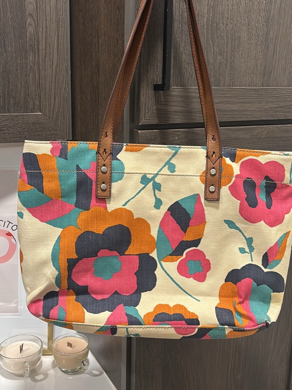 Fossil Canvas Floral Tote in Cream, Teal, Pink, Orange, Navy - Picture 3 of 5